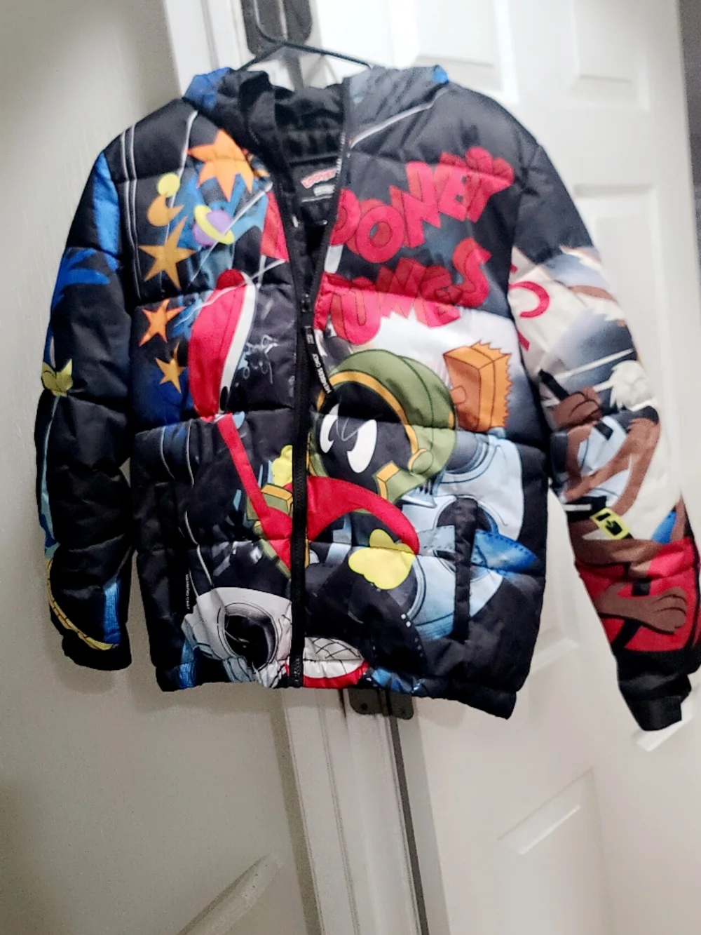 Black Kids Graphic Puffer Jacket with Cartoon Print